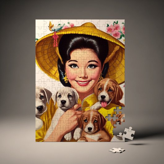Vintage Japanese Woman and Puppies ジグソーパズル