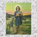 Vintage Jesus Christ the Shepherd with Baby Lamb ジグソーパズル<br><div class="desc">Vintage illustration religious Christianity Easter holiday design featuring a young boy shepherd holding a baby lamb and watching over his flock of sheep. In Christian symbolism Christ is the lamb of God.</div>
