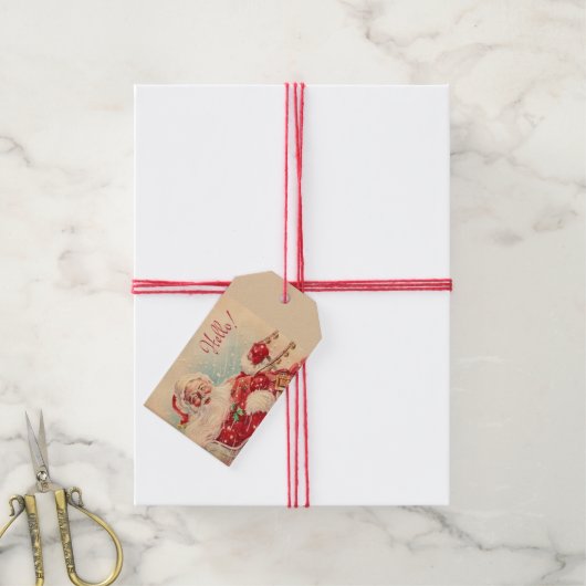 Vintage Jolly Santa Hello ギフトタグ (より糸付き)