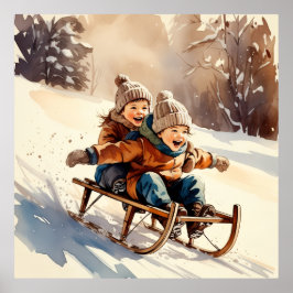 Vintage Kids Sled Ride Watercolor Winter Poster ポスター