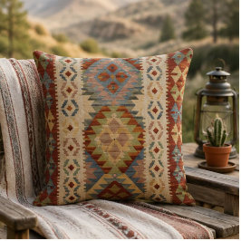 Vintage Kilim Geometric Multicolor Folk Textile クッション