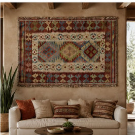 Vintage Kilim Geometric Multicolor Folk Textile スローブランケット