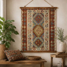 Vintage Kilim Geometric Multicolor Folk Textile 吊り下げ型タペストリー