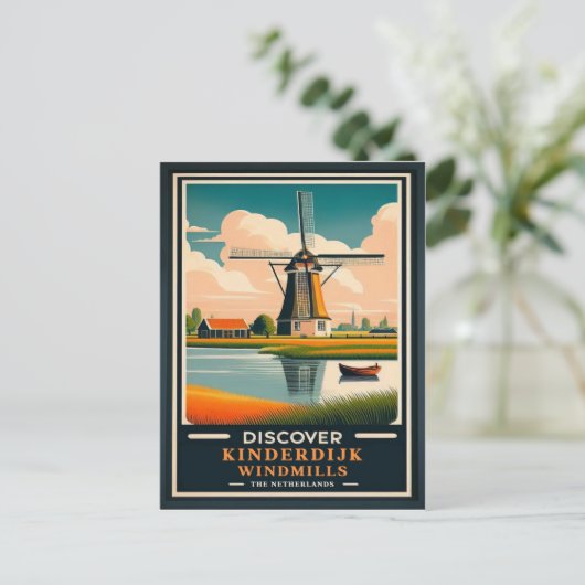 Vintage Kinderdijk Windmills Travel ポストカード (スタンド正面)