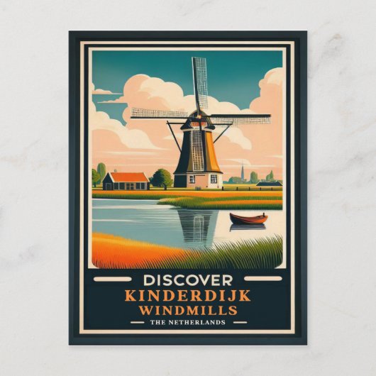 Vintage Kinderdijk Windmills Travel ポストカード (正面)