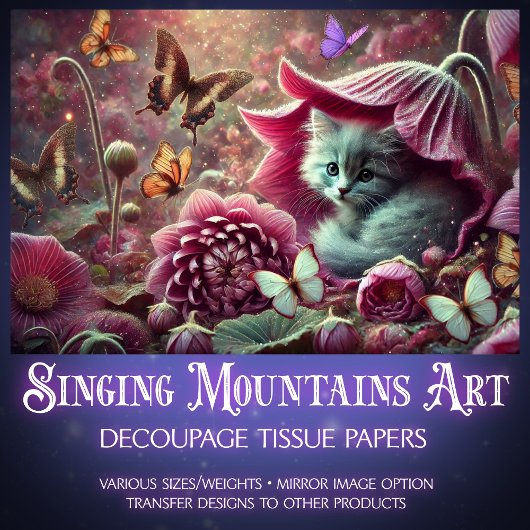 Vintage Kitten Butterfly Garden Decoupage 薄葉紙