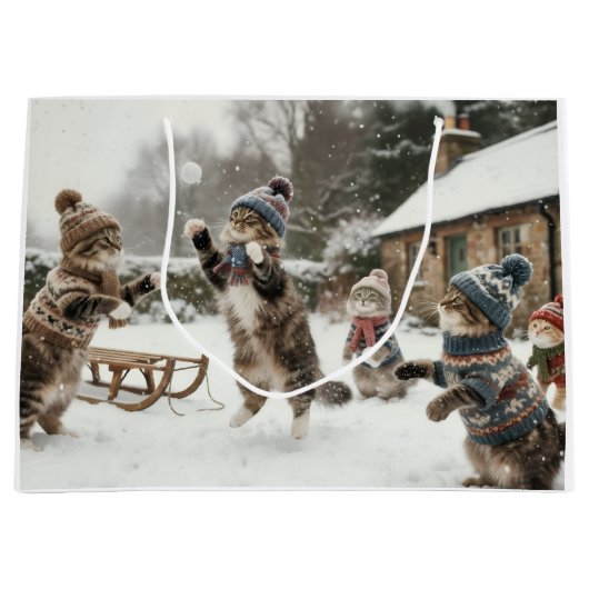 Vintage Kitties Snowball Fight Large Gift Bag ラージペーパーバッグ (正面)