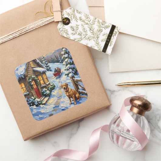 Vintage Labrador Retriever Christmas Cottage スクエアシール (ギフト)