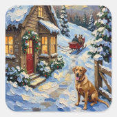 Vintage Labrador Retriever Christmas Cottage スクエアシール (正面)
