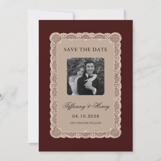 Vintage Lace Burgundy Save the Date (正面)