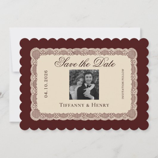 Vintage  Lace Burgundy Save the Date (正面)