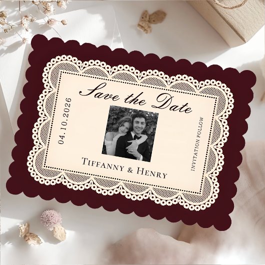 Vintage  Lace Burgundy Save the Date
