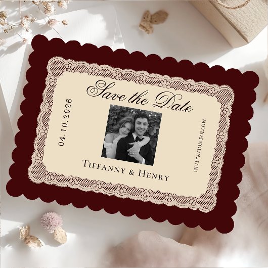 Vintage  Lace Burgundy Save the Date