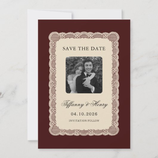 Vintage  Lace Burgundy Save the Date (正面)