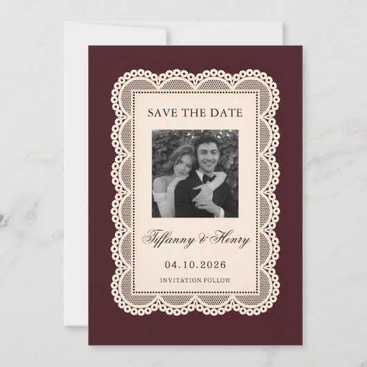 Vintage Lace Burgundy Save the Date (正面)