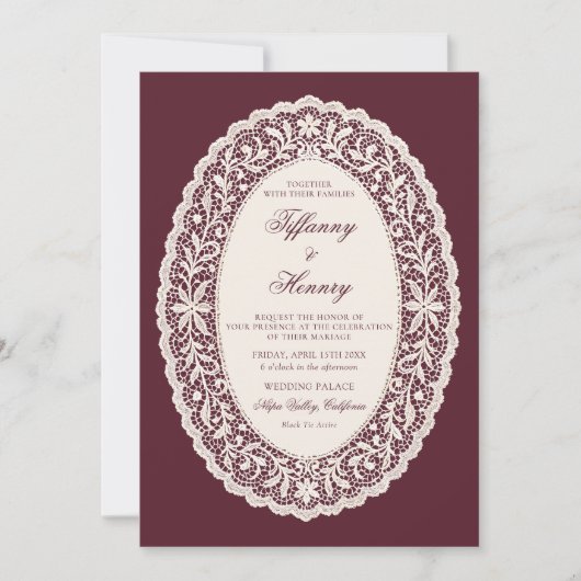 Vintage Lace Burgundy Wedding Invitation 招待状 (正面)