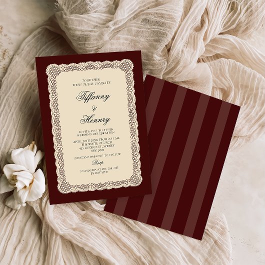 Vintage Lace Burgundy Wedding Invitation 招待状