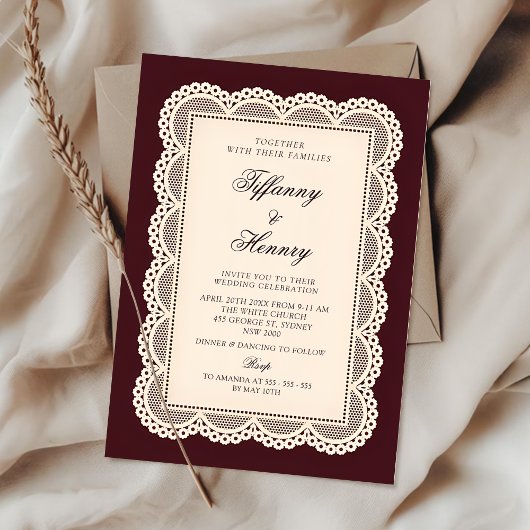 Vintage Lace Burgundy Wedding Invitation 招待状