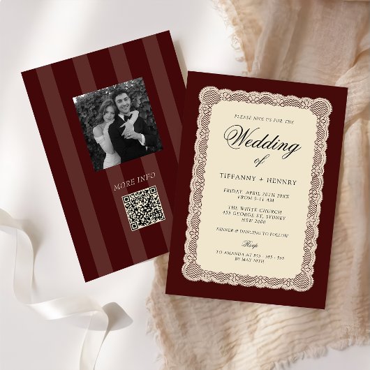 Vintage Lace Burgundy Wedding Invitation 招待状