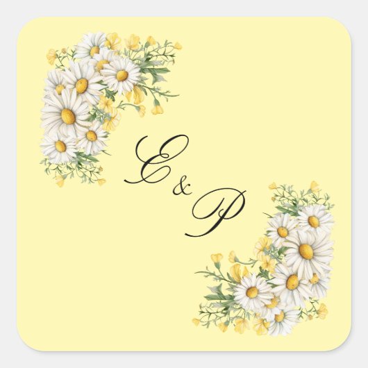 Vintage Lace & Daisies Floral Wedding スクエアシール (正面)