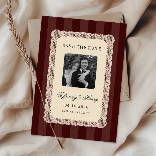 Vintage Lace Wine Red Burgundy Save the Date