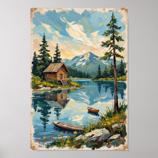 Vintage Lakeside Cabin Rustic Art ポスター (正面)