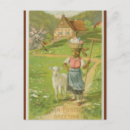 Vintage Lamb and Bunny With Basket of Eggs Easter ポストカード