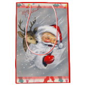 Vintage Laughing Santa Claus with Reindeer ミディアムペーパーバッグ (正面)