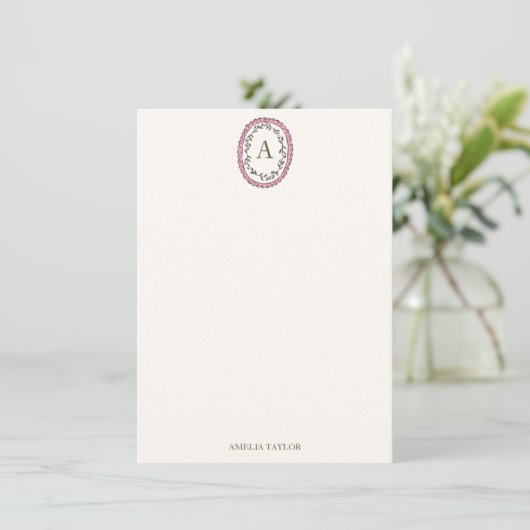 Vintage Leaf Pink Monogram Personalized Stationery ノートカード (スタンド正面)