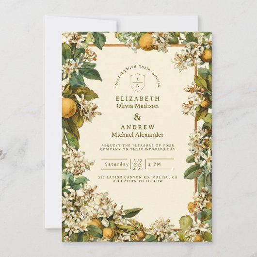 Vintage Lemon Blossom Botanical Wedding 招待状 (正面)