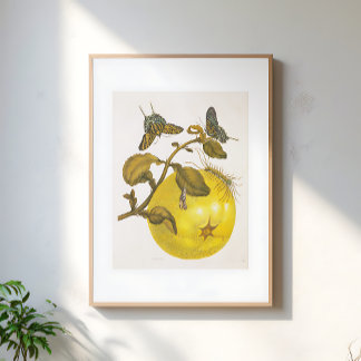 Vintage Lemon Plant With Butterflies Yellow Art ポスター