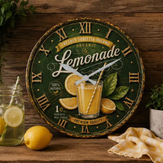 Vintage Lemonade Rustic Fresh Lemon Farmhouse ラージ壁時計