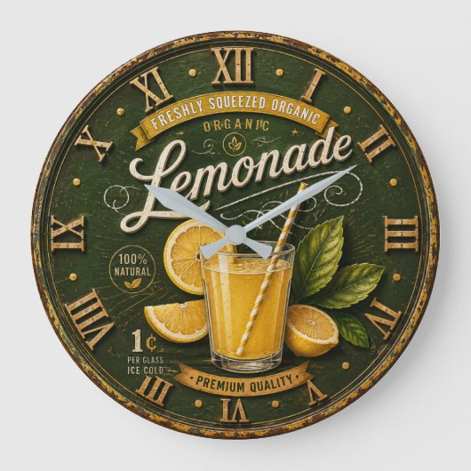 Vintage Lemonade Rustic Fresh Lemon Farmhouse ラージ壁時計 (正面)