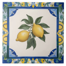 Vintage Lemons Dark Blue Green Yellow Lemon タイル