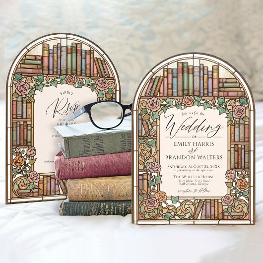 Vintage Library Books Stained Glass Arch Wedding 招待状