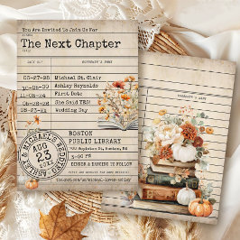 Vintage Library Card Books Fall Floral Wedding 招待状