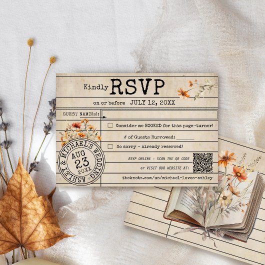 Vintage Library Card Books Fall Wedding RSVP Card