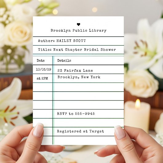 Vintage Library Card "New Chapter" Bridal Shower 招待状