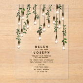 Vintage Lightbulbs Botanical Greenery Wedding アクリル招待状 (正面)