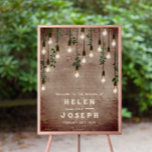 Vintage Lightbulbs Rustic Brick 20x28 Wedding ポスター<br><div class="desc">Vintage Edison lights with botanical greenery hanging from top over weathered brick background.</div>