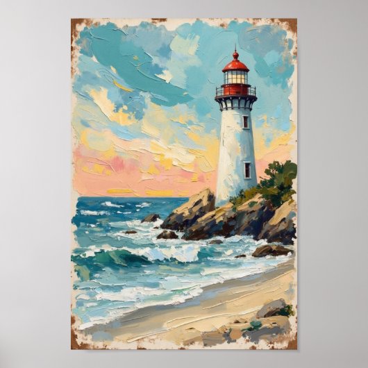 Vintage Lighthouse Coastal Landscape Art ポスター (正面)