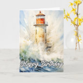 Vintage Lighthouse Happy Birthday カード (黄色い花)