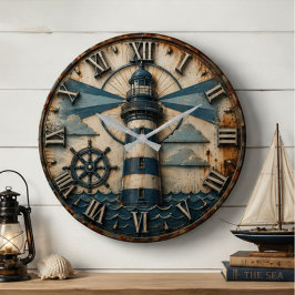Vintage Lighthouse Nautical Coastal Decor Ocean ラージ壁時計