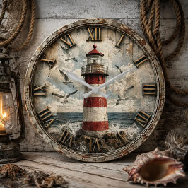 Vintage Lighthouse Nautical Ocean Beach House ラージ壁時計