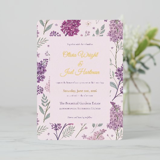 Vintage Lilac Garden Romance Wedding 箔招待状 (立ち正面)