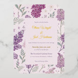 Vintage Lilac Garden Romance Wedding 箔招待状<br><div class="desc">Set a tone of timeless romance for your special day with our "Vintage Lilac Garden" wedding invitation. This exquisite design features hand-illustrated lilac clusters in shades of deep amethyst and soft lavender, accented by delicate sage green foliage. The artwork is arranged in a graceful border that frames your wedding details,...</div>