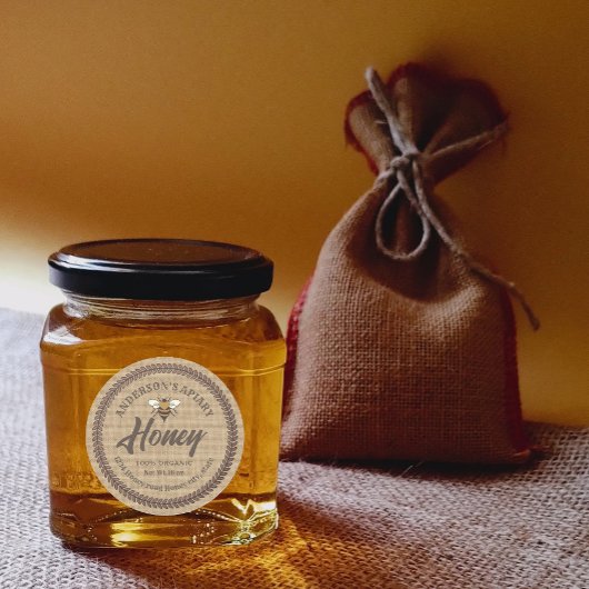 Vintage linen  bee apiary honey jar label ラウンドシール