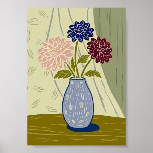 Vintage Linocut Dahlias in Textured Blue Vase ポスター (正面)
