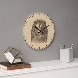 Vintage Lion Illustration on Burlap ラージ壁時計