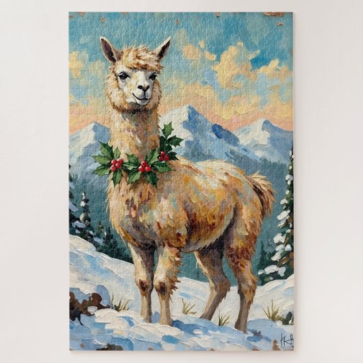 Vintage Llama in Snowy Christmas Meadow ジグソーパズル (縦)